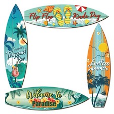 Tatuo 4 Pcs Surfboard Decor Hawaiian Wooden Beach Wall Decor Tiki Tropical Bar D