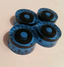 4 Guitar speed volume / tone knobs.. Black / Blue. JAT CUSTOM GUITAR PARTS