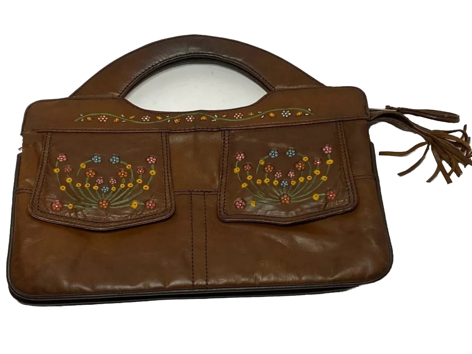 Handbag Vintage Leather Painted Flower Hobo Hippy Mexico-image