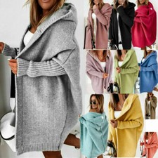 Womens Knitted Cardigan Chunky Hooded Open Front Sweater Coat Winter Oversized