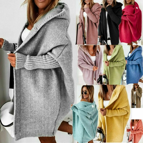 Womens Knitted Cardigan Chunky Hooded Open Front Sweater Coat Winter Oversized
