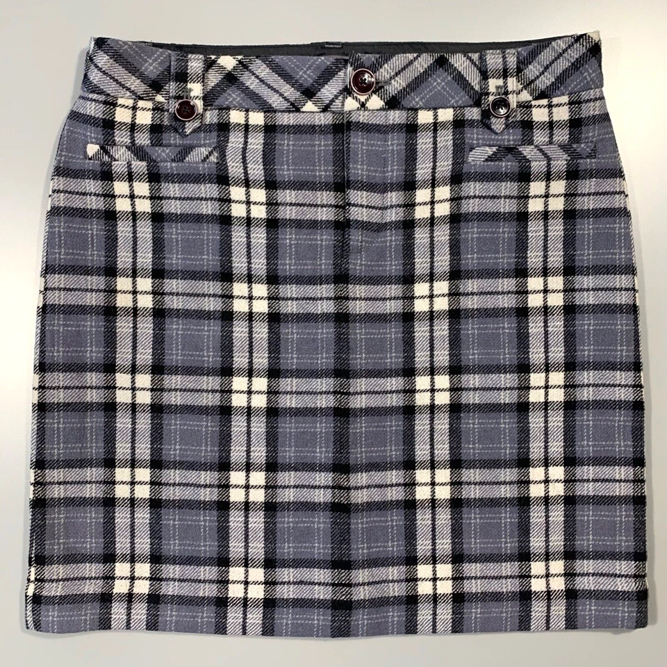Falda Eddie Bauer Mujer 8 Cuadros Gris Marfil Negro Mezcla Lana Academia