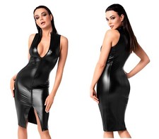 NOIR HANDMADE WETLOOK KLEID 2 WEGE  kunstleder reißverschluss schwarz midi