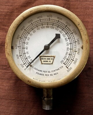 #ad Vintage Brass Pressure Gauge 4 1 2quot; Face 0 3000 PSI by Master Gauge Co. Chicago $99.00