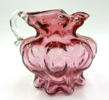 VINTAGE FENTON CRANBERRY PINK GLASS RIBBED ICE LIP SMALL PITCHER