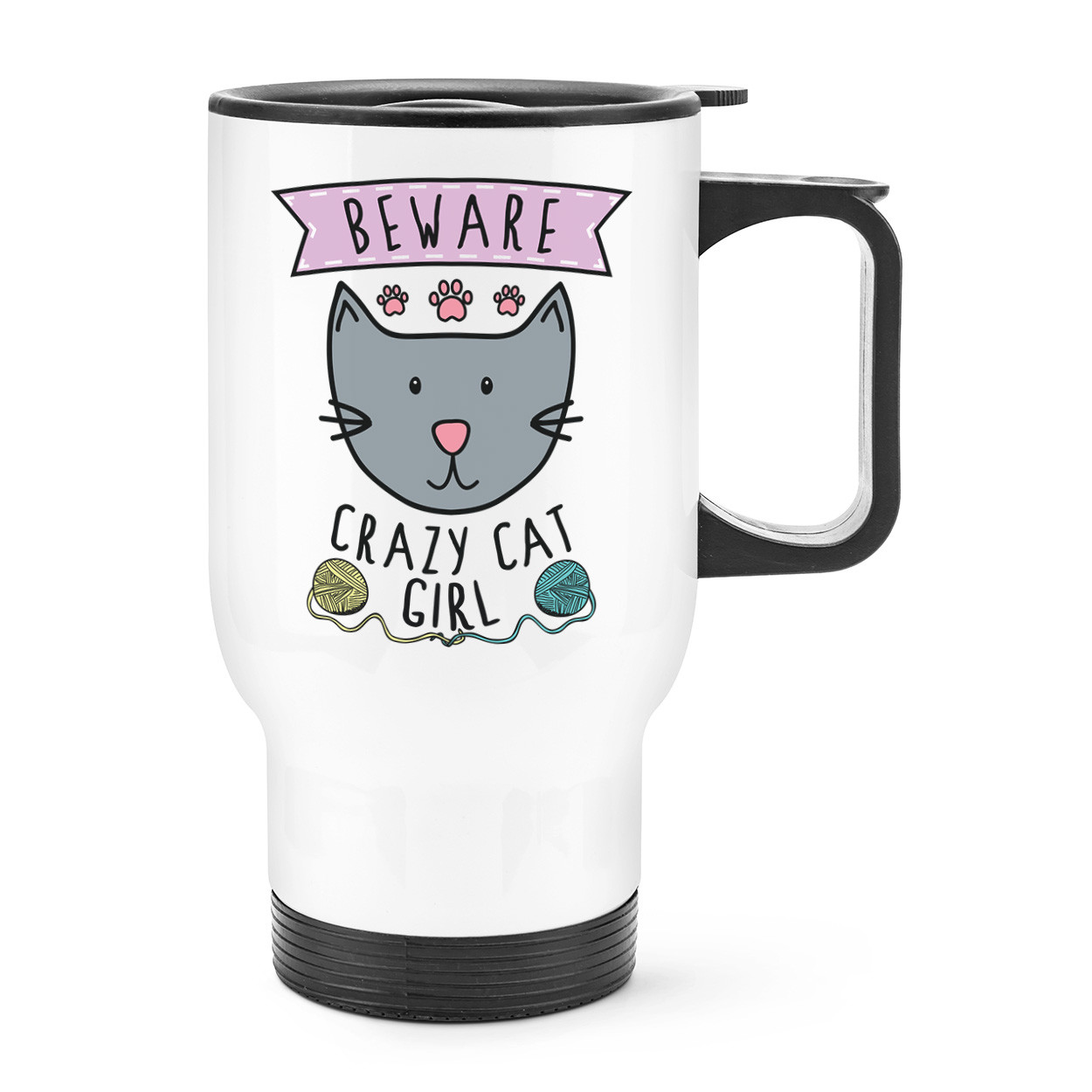 Beware Crazy Cat Girl Travel Mug Cup With Handle - Funny Thermal Flask Kitten