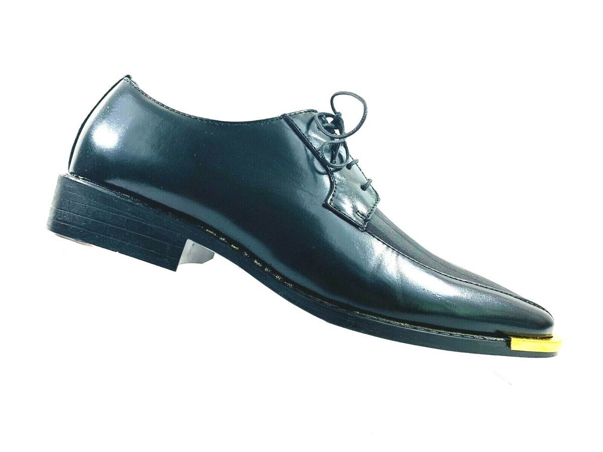 Bolano Mens Black Oxford Striped Satin Dress Shoe w/Gold Tip - Sz. 8.5
