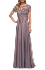 La Femme Dark Mauve Floral Embroidery Chiffon Column Gown Size 8 535