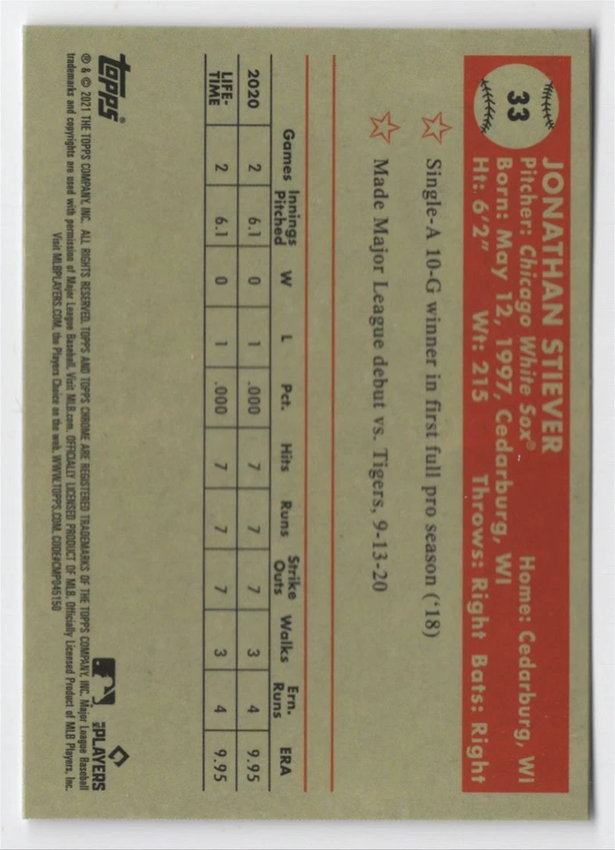 2021 Topps Chrome Platinum Anniversary Jonathan Stiever Chicago White Sox R73 - Image 2 of 2