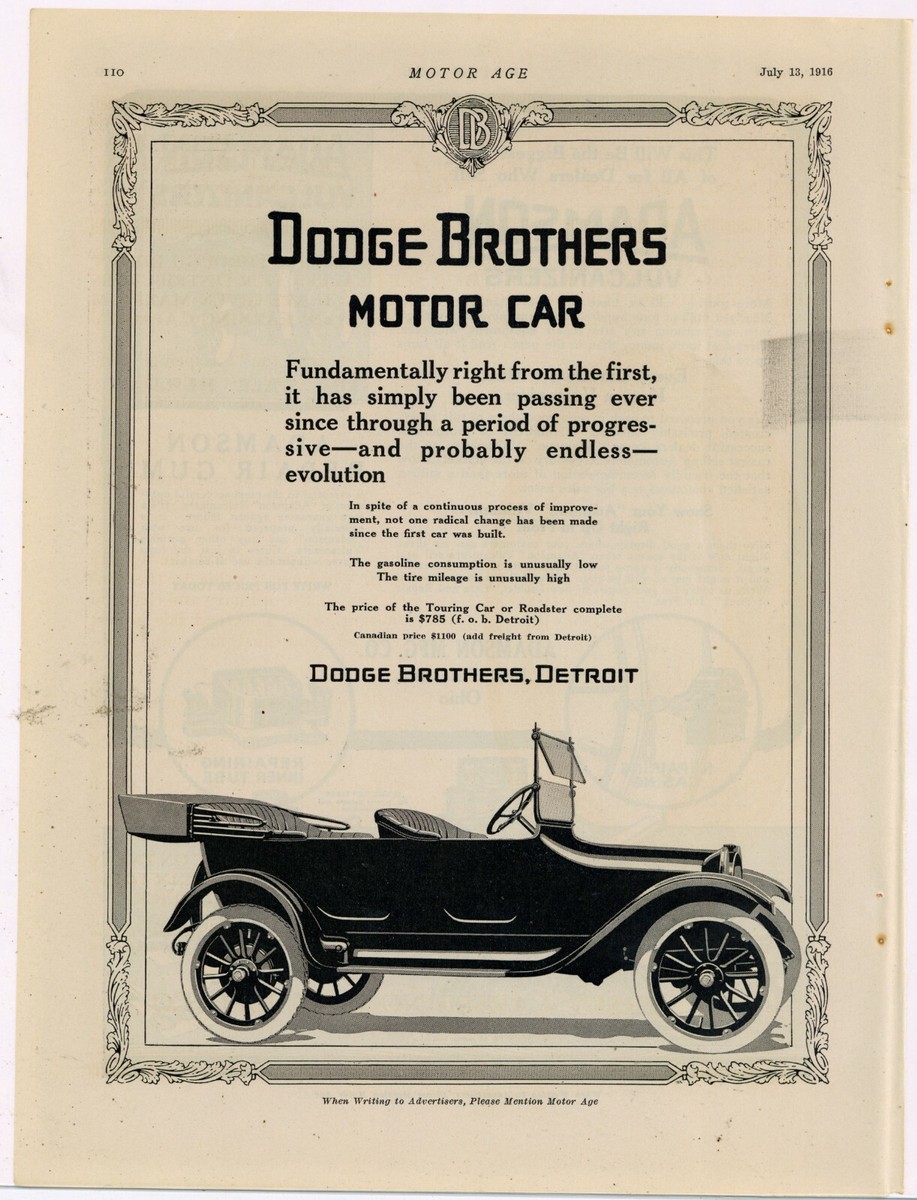 1916 Dodge Brothers Automobile Ad: Touring Car or Roadster - $785 