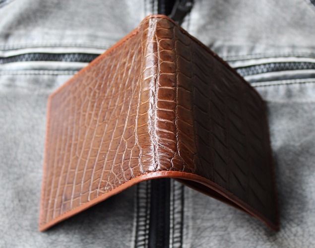 Genuine Crocodile Skin Men's Bifold Wallet - Handmade, White Knit Edges, With Free Keyring