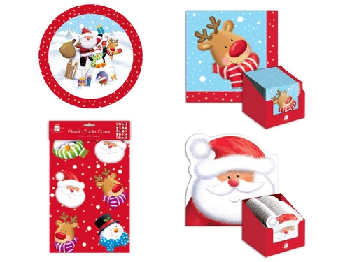 Santa Friends Childrens Christmas Party Set Disposable Plates Napkins Tablecloth