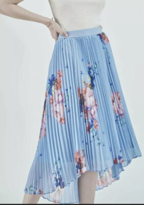 Ted Baker Harrpa Raspberry Ripple Floral Pleated Light Blue Size 4 Uk -12 US NWT