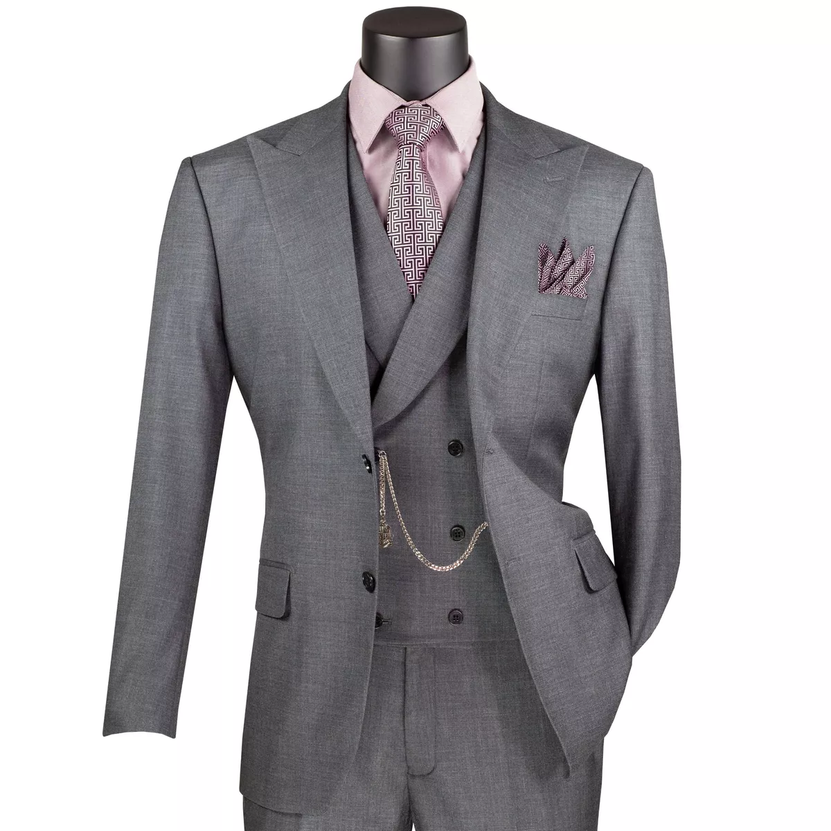 VINCI Men s Charcoal Textured 3pc Modern Fit Suit w Adjustable Waistband NEW