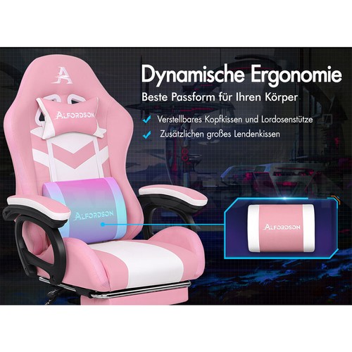 ALFORDSON Gaming Stuhl mit 8-Punkt Massage 12 Farben RGB LED-Licht Rosa & Weiß - Bild 4 von 12