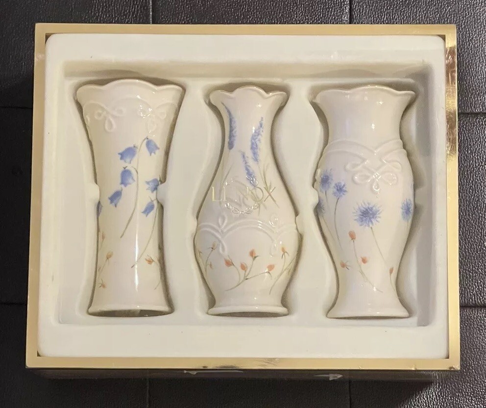 Classic Lenox Set Of 3 Porcelain Floral Bud Vases Gold Trim Bluebells 5”