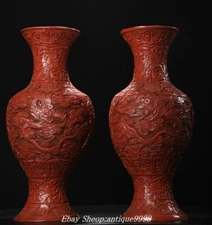 20'' Old Dynasty Wood Lacquerware Fengshui Dragon Loong Animal Bottle Vase Pair