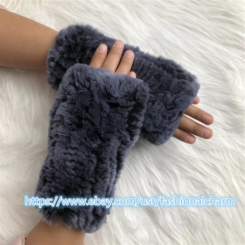 Womens Winter Real Rabbit Fur Gloves Knitted Stretch Fingerless Mitten Gloves - Picture 46 of 102