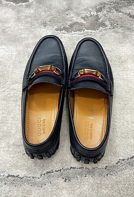 Authentic Gucci Web Bamboo Horsebit Navy Blue Leather Men Loafer