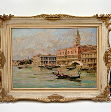 L68-ANGELO BROMBO-VEDUTA VENEZIA-OLIO SU TELA-VENICE PITTURA TELA MOSTA ARTE