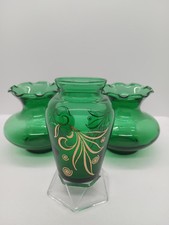 Vintage Set Of 3 Green Glass Mini Vases, Beautiful Color.