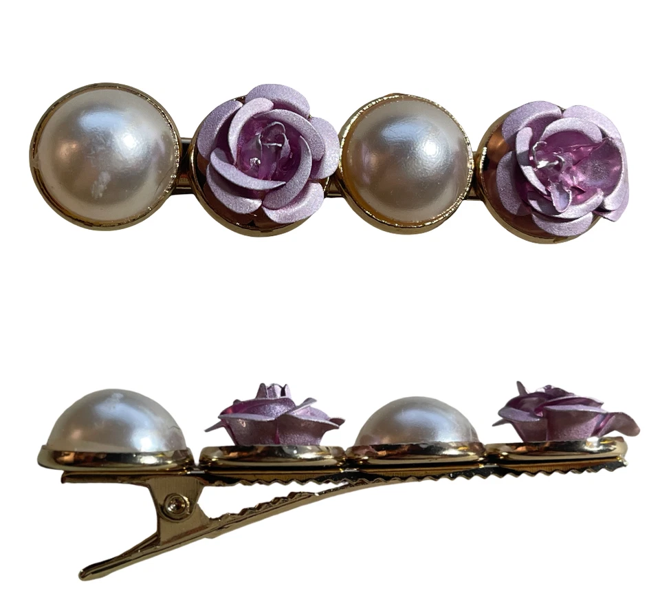 Luxury Genuine GERTEX 2.5" Purple Flower and Faux Pearl Hair Clip Accessory 10z