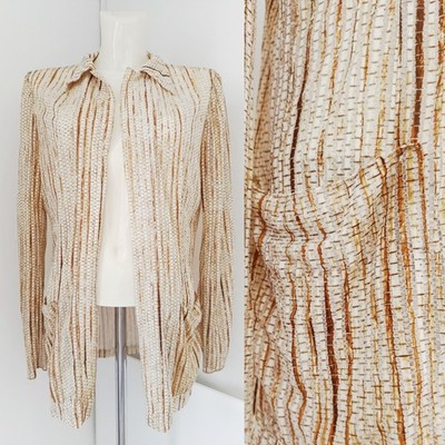 Roberto Cavalli Vintage 90s Sheer Open Weave Longline Blazer Jacket Stripe M L
