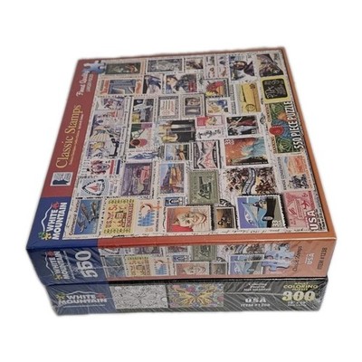 2 White Mountain Puzzles Classic Stamps 550 Pieces Adult Coloring 300 Pieces