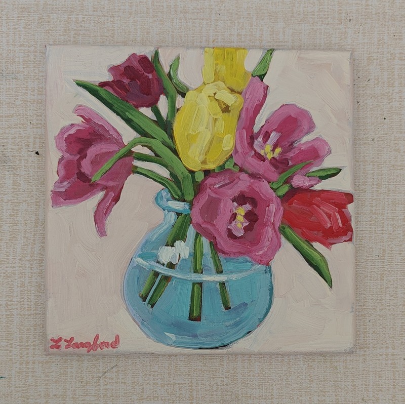 Original Floral Still Life Acrylic Painting Flowers in Vase 8x8