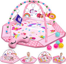 Unicorn Baby Gym Play Mat, 9-In-1 Tummy Time Mat with 7 Baby Toys, Washable Baby