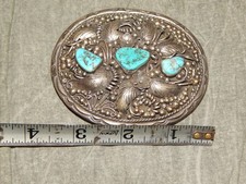 Sterling Silver 3.5" Turquoise Belt Buckle by Roy Platero (RBP)--91g OLD PAWN