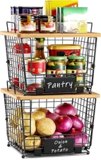 2 Set Large Stackable Wire Basket with Bamboo Tops & Tag- Pantry Organizer and S
