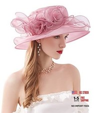 Women Derby Hat Organza Church Wedding Hats Wide Brim 12 Pink Fascinator