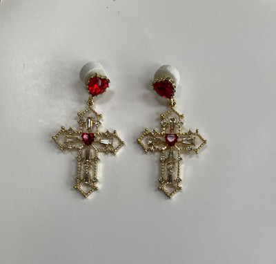 Golden Crucifix Earrings | Red / Clear Jewel Detail | Gothic, Fin de Siècle