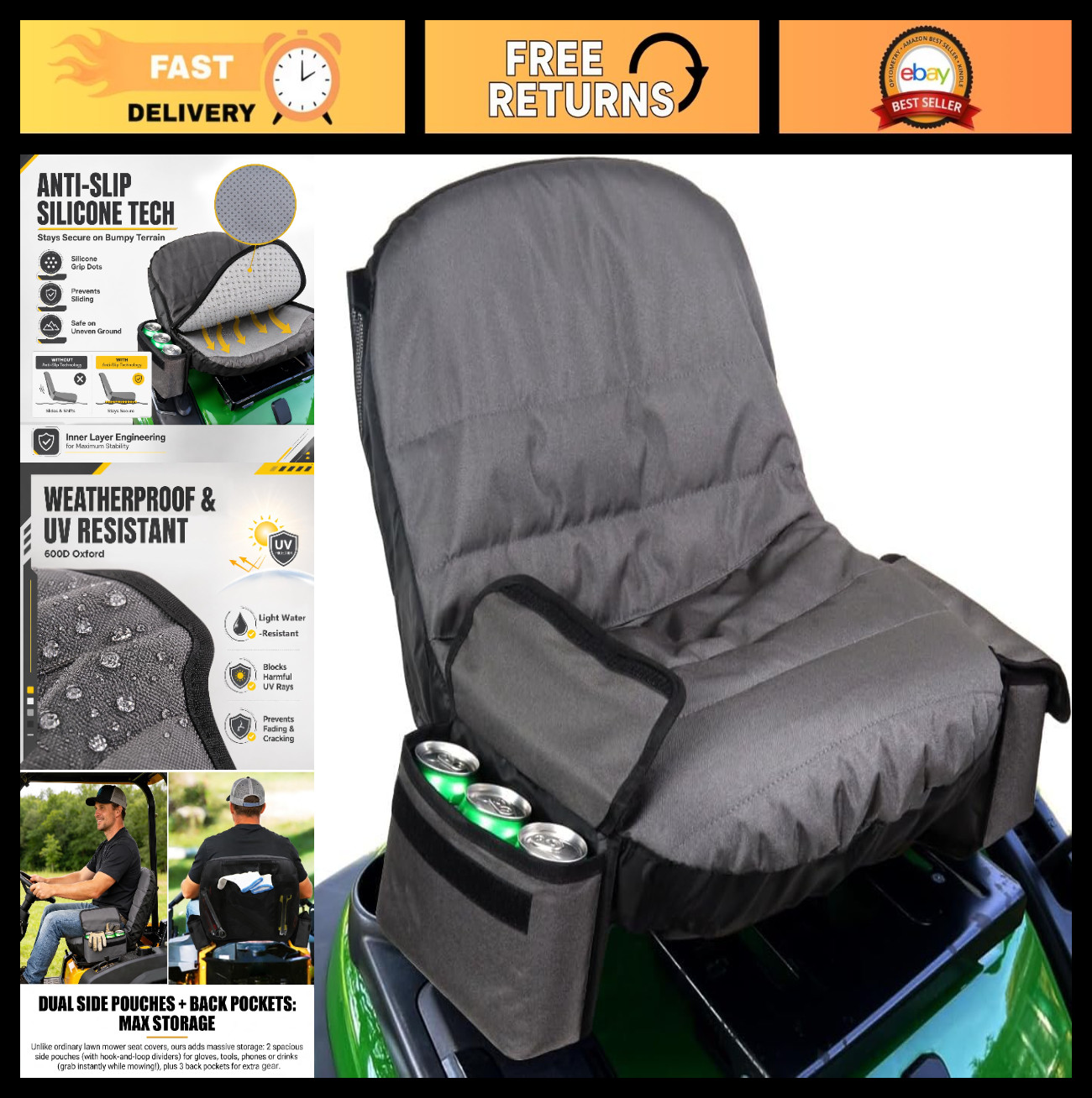 Universal Tractor Seat Cover for Riding Lawn Mower - Grey, Medium, Waterproof, D
