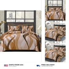 Anibedding Classic Line Quilt Set Queen Size, Brown and Grey Queen Quilt with...