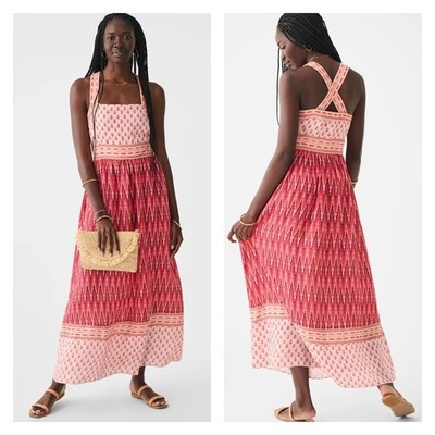 FAHERTY Gracie Linen Maxi Dress Women XS Pink Ikat Print Cotton Sleeveless Boho