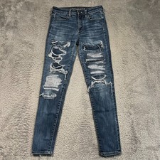 American Eagle Jeans Destroyed Ripped Blue Denim Super Stretch Women's 4 28x29