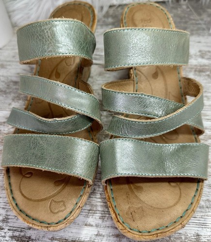 Born Zemora Slip On Leather Wedge Sandal Shoe Women's Sz 9 Green Metallic Beachy - Picture 3 of 13