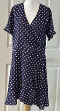 Next Knee Length Flounce Hem Wrap Dress - Blue Polka Dot - Size 18 - Excellent