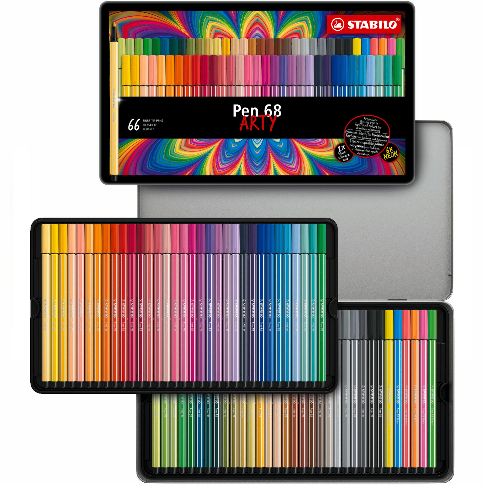 Premium Fibre-Tip Pen - STABILO Pen 68 - ARTY - Tin of 66 - Assorted Colours