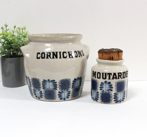 2 pots en grès vintage 1970 Cornichons / Moutarde motifs bleus - Picture 3 of 6