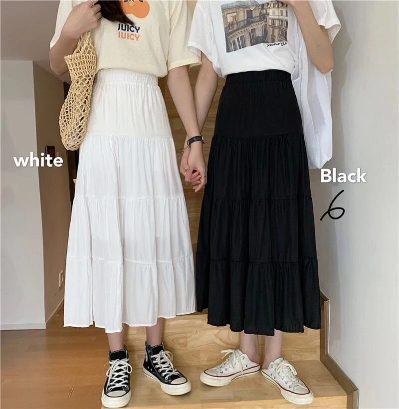 Women Chiffon Skirts Vintage High Waist Elastic Patchwork Long Cake A-line Skirt