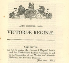 Antique Act of Parliament Greenwich Hospital Estate NE Railway 1866 politics