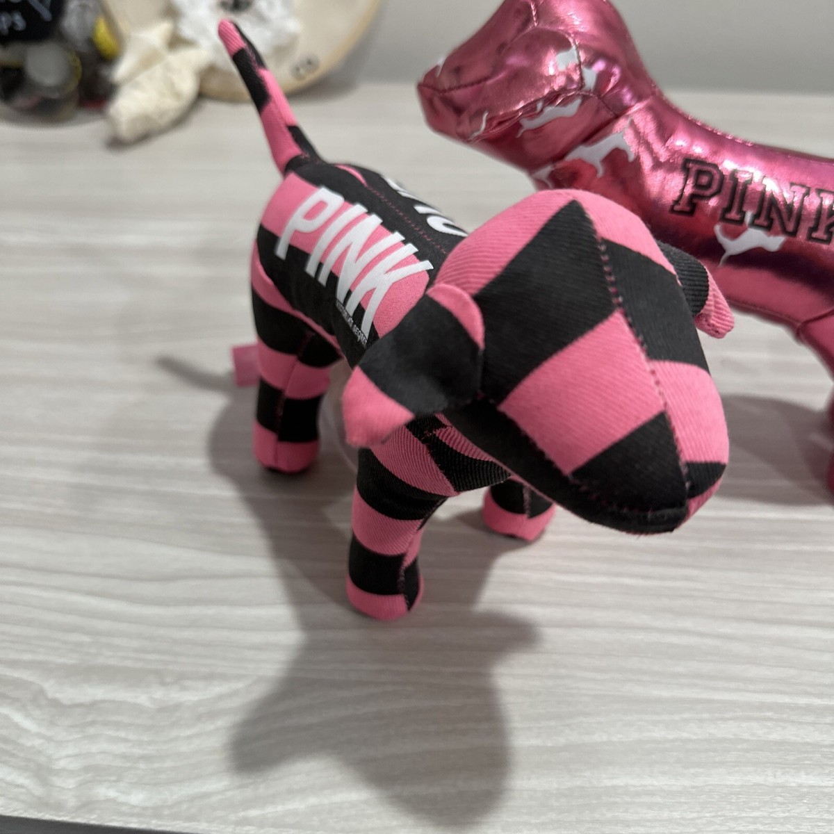 2x Victoria's Secret Hot Pink Metallic Plush Dog Stuffed Shiny Toy