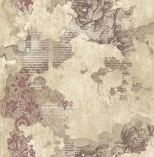 Script with Roses Wallpaper Creams, Taupe, Plum by Wallquest LB30309