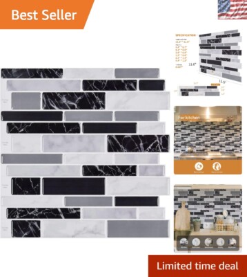 Elegant Striped Black Vinyl Backsplash Tiles 12''x12'' - Washable & Durable Design