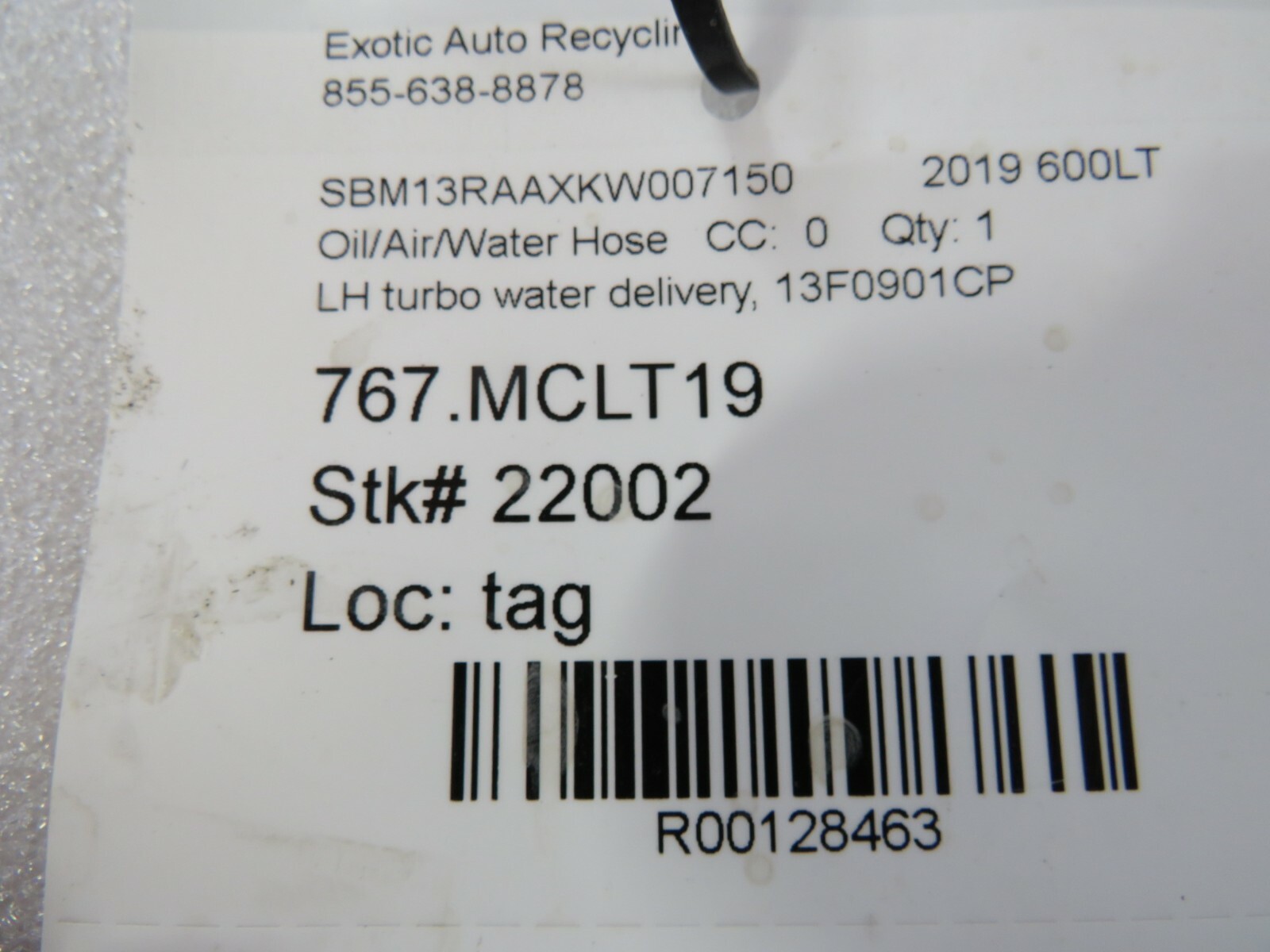 McLaren 600LT, LH, Left, Turbo Water Line, Used, P/N 13F0901CP