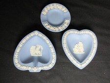 Wedgwood Trio of Blue Trinket Dishes: Circle, Heart, Spade Shape, White Detail