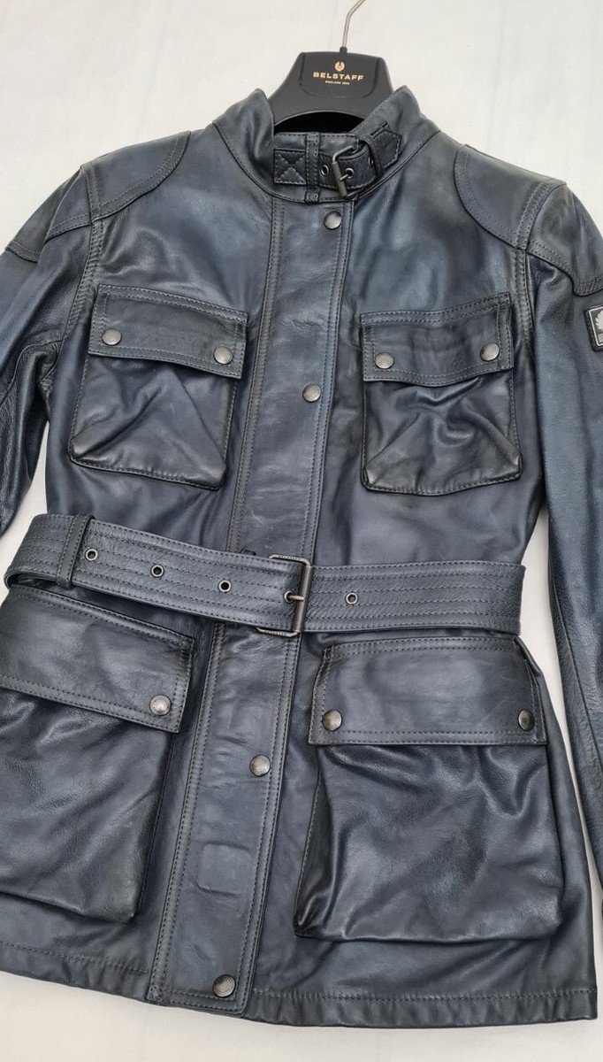 BELSTAFF Womens Trailmaster Panther Leather Jacket Blue Brown Sz